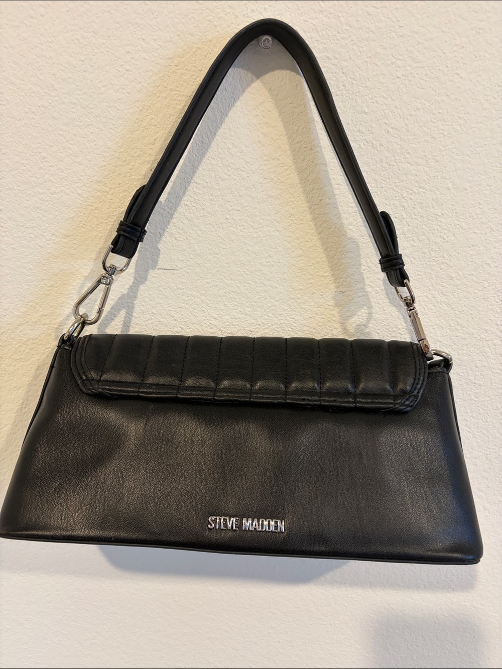 Steve Madden Black Quilted Flap Shoulder Bag with Silver Hardware